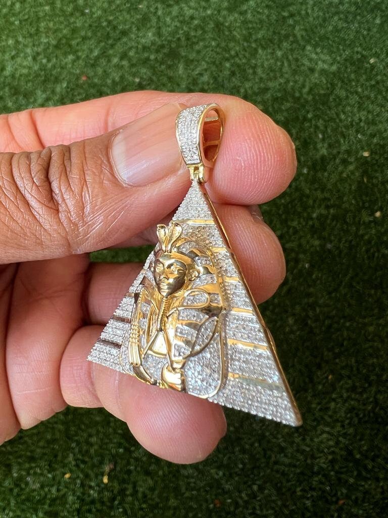 Real Genuine Authentic .70 CT Diamond Pharaoh in Pyramid pendant, 10K Yellow Gold Charm Pendant, Hip Hop Jewelry, Rapper Pendant, Unisex