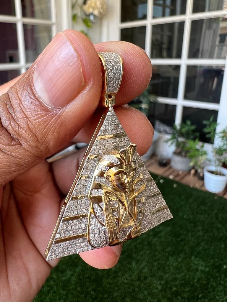 Real Genuine Authentic .70 CT Diamond Pharaoh in Pyramid pendant, 10K Yellow Gold Charm Pendant, Hip Hop Jewelry, Rapper Pendant, Unisex