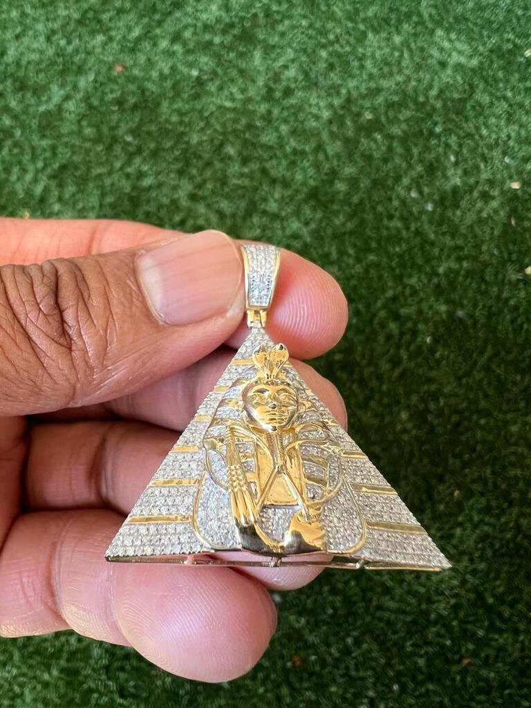Real Genuine Authentic .70 CT Diamond Pharaoh in Pyramid pendant, 10K Yellow Gold Charm Pendant, Hip Hop Jewelry, Rapper Pendant, Unisex