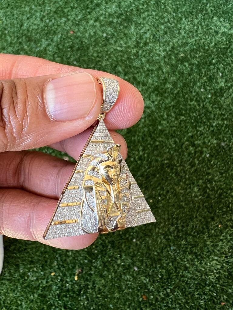 Real Genuine Authentic .70 CT Diamond Pharaoh in Pyramid pendant, 10K Yellow Gold Charm Pendant, Hip Hop Jewelry, Rapper Pendant, Unisex