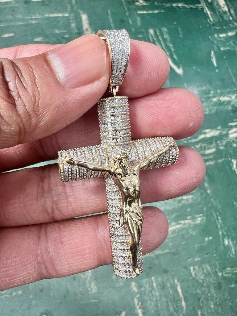 Mens Diamond Cross Jesus Christ Pendant 10K Gold .67CT Diamond Cross Religious Charm Pendants, Crucifix Cross Pendant, Baptism Gifts for Him