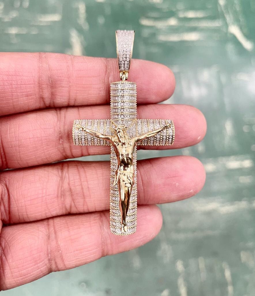 Mens Diamond Cross Jesus Christ Pendant 10K Gold .67CT Diamond Cross Religious Charm Pendants, Crucifix Cross Pendant, Baptism Gifts for Him