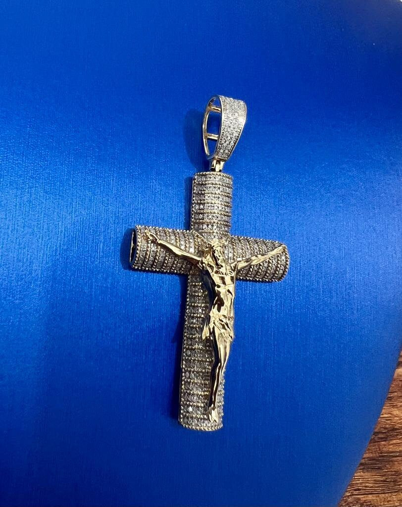 Mens Diamond Cross Jesus Christ Pendant 10K Gold .67CT Diamond Cross Religious Charm Pendants, Crucifix Cross Pendant, Baptism Gifts for Him