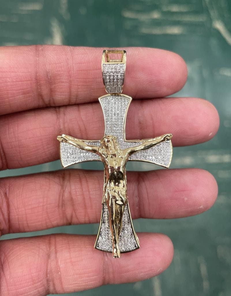Men Nugget Cross Crucifix Jesus Christ Pendant, 10K Gold .48 CT Diamond Cross Religious Charm, Crucifix Cross Pendant, Baptism Gifts for Him