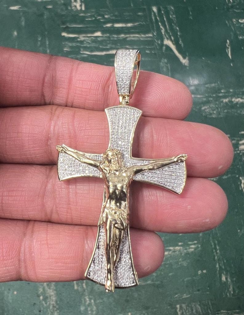 Men Nugget Cross Crucifix Jesus Christ Pendant, 10K Gold .48 CT Diamond Cross Religious Charm, Crucifix Cross Pendant, Baptism Gifts for Him