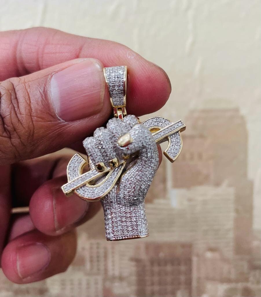 Dollar Hand, 10k Yellow Gold Diamond Hand With Dollar Sign Charm Pendant Real For Men, CZ Dollar Sign Pendant, Money Pendant, Gift for Him