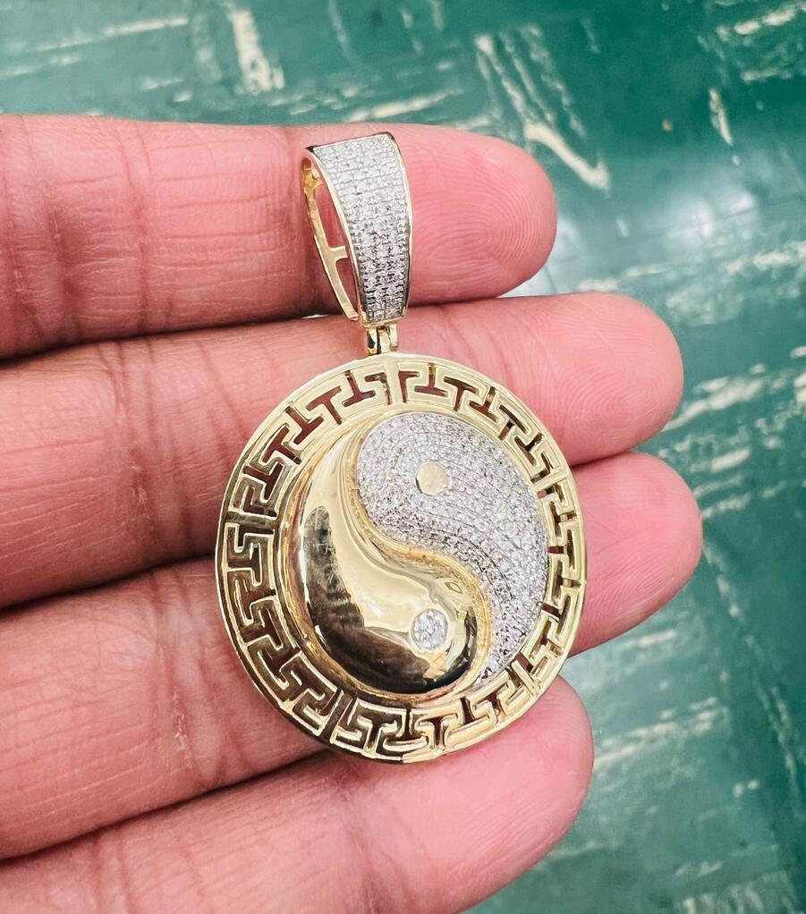 Diamond Yin Yang Pendant Men 10K Yellow Gold Yin Yang Symble Charm Pendant 0.49 Tcw, Diamond Yin Yang Medallion Charm Pendant Gift for Him