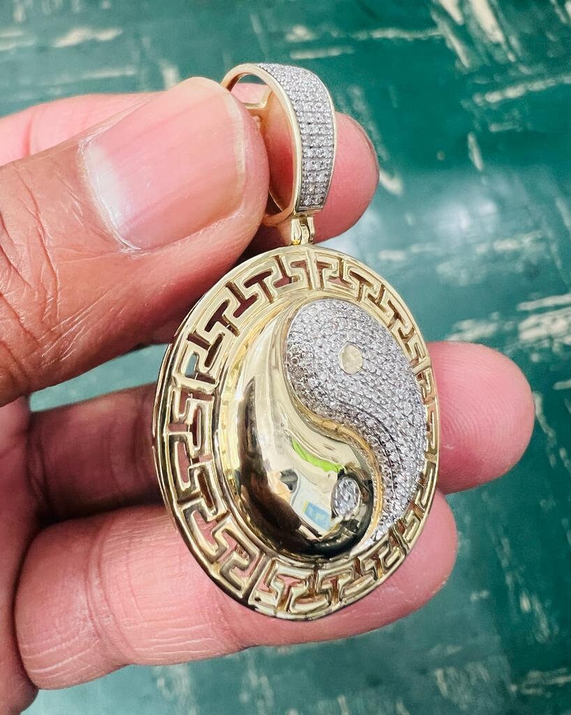 Diamond Yin Yang Pendant Men 10K Yellow Gold Yin Yang Symble Charm Pendant 0.49 Tcw, Diamond Yin Yang Medallion Charm Pendant Gift for Him