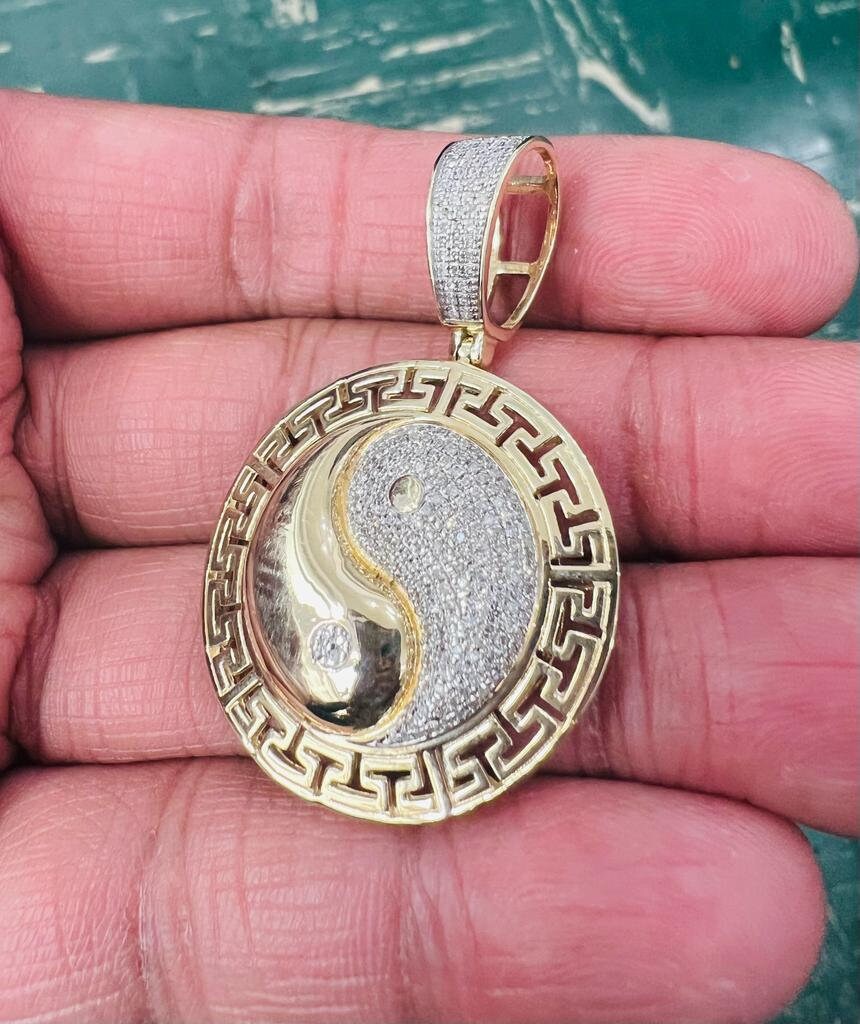Diamond Yin Yang Pendant Men 10K Yellow Gold Yin Yang Symble Charm Pendant 0.49 Tcw, Diamond Yin Yang Medallion Charm Pendant Gift for Him