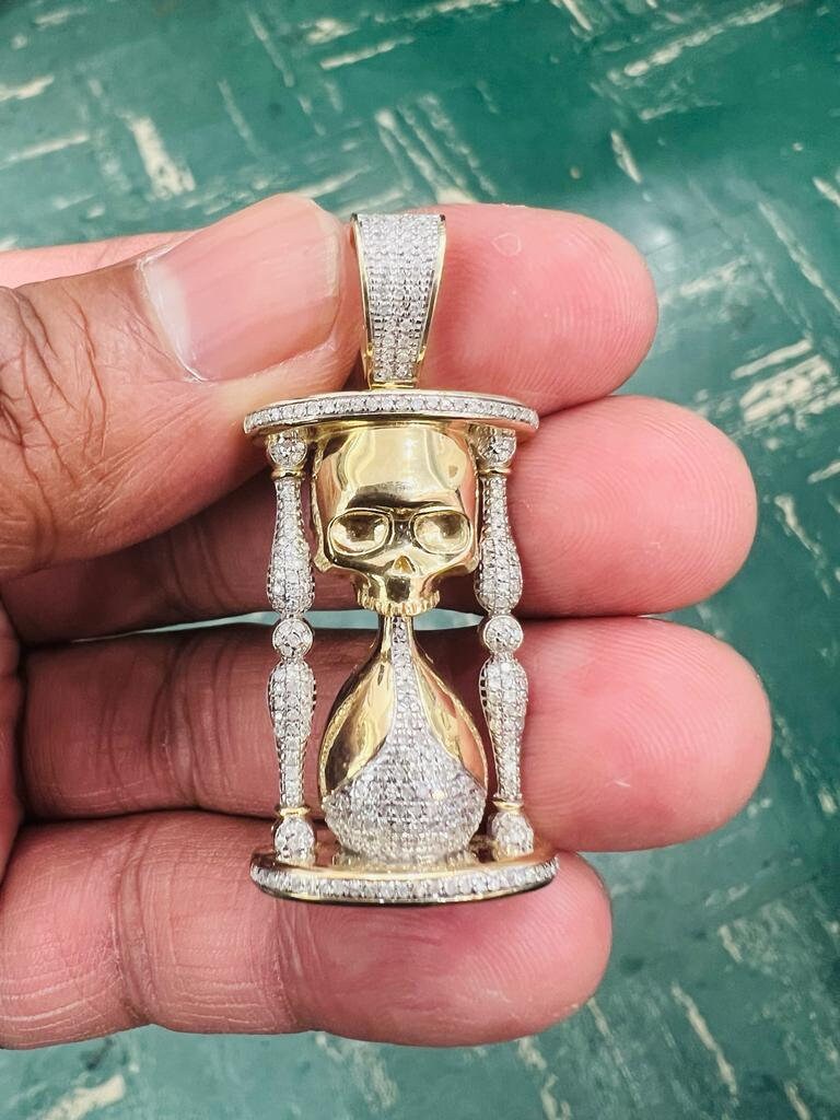 Men's 10K Yellow Gold Real Diamond Skull Timer Pendant Charm .59 CT 45mm | Life Minutes Pendant, Diamond Hourglass Pendant For Men Women