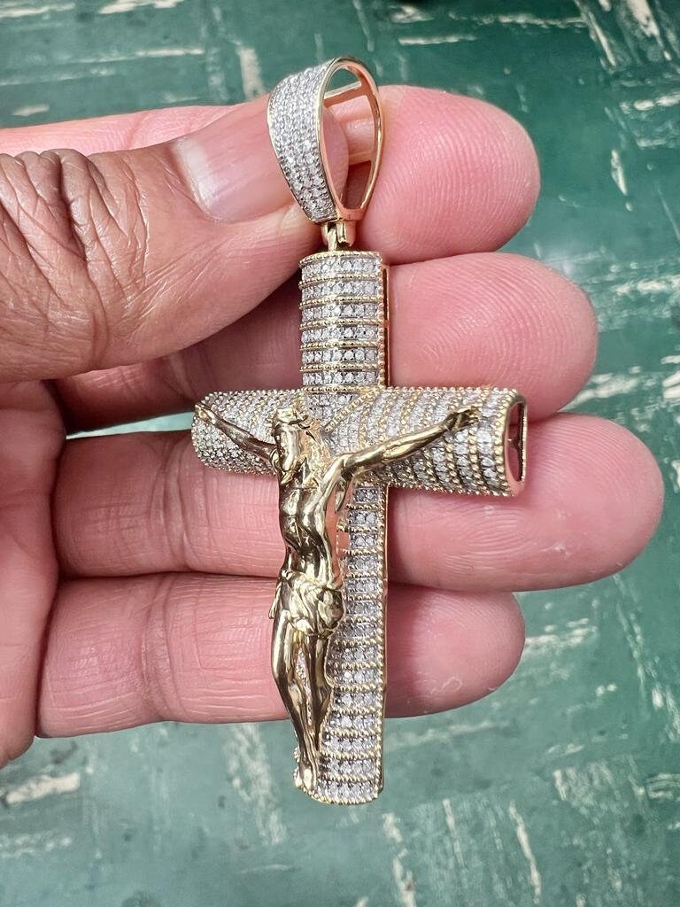 Mens Diamond Cross Jesus Christ Pendant 10K Gold .67CT Diamond Cross Religious Charm Pendants, Crucifix Cross Pendant, Baptism Gifts for Him