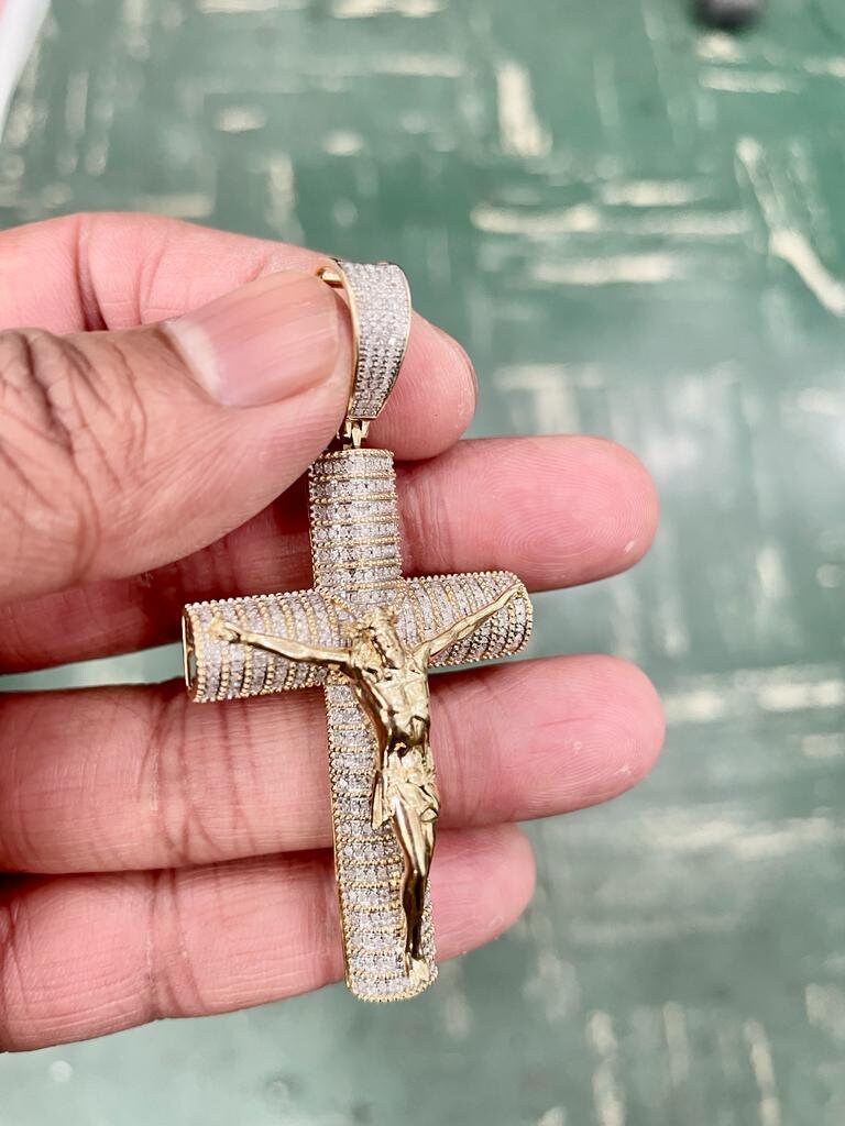 Mens Diamond Cross Jesus Christ Pendant 10K Gold .67CT Diamond Cross Religious Charm Pendants, Crucifix Cross Pendant, Baptism Gifts for Him