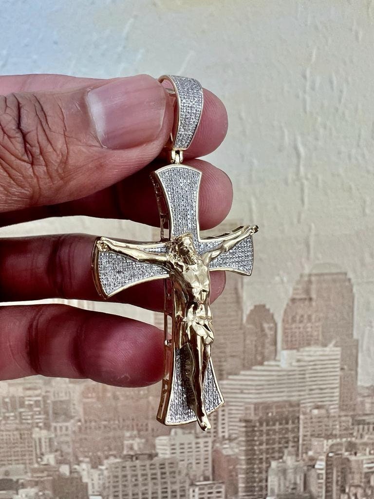 Men Nugget Cross Crucifix Jesus Christ Pendant, 10K Gold .48 CT Diamond Cross Religious Charm, Crucifix Cross Pendant, Baptism Gifts for Him