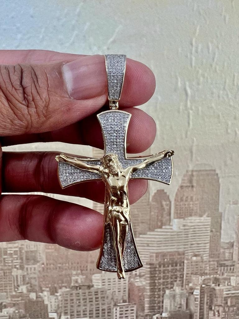 Men Nugget Cross Crucifix Jesus Christ Pendant, 10K Gold .48 CT Diamond Cross Religious Charm, Crucifix Cross Pendant, Baptism Gifts for Him