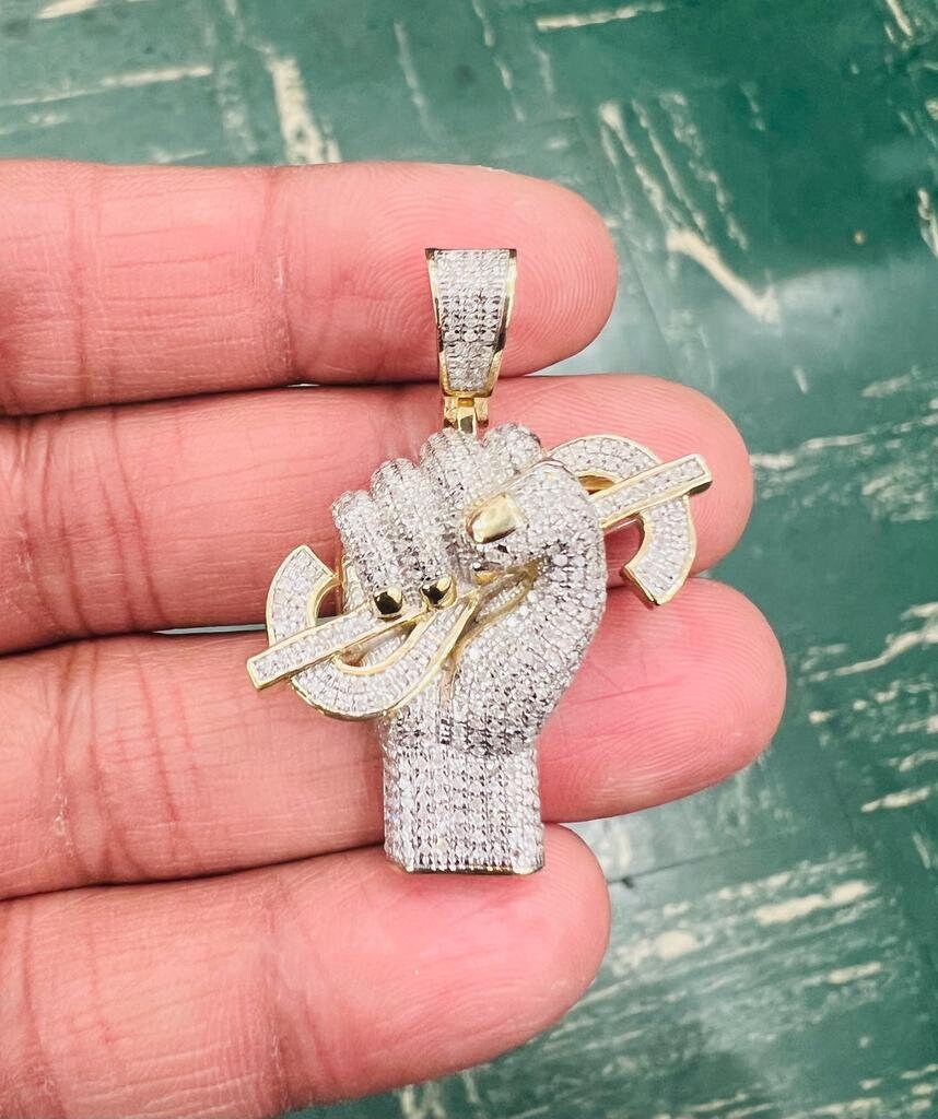 Dollar Hand, 10k Yellow Gold Diamond Hand With Dollar Sign Charm Pendant Real For Men, CZ Dollar Sign Pendant, Money Pendant, Gift for Him