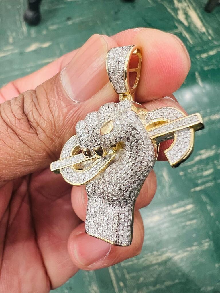 Dollar Hand, 10k Yellow Gold Diamond Hand With Dollar Sign Charm Pendant Real For Men, CZ Dollar Sign Pendant, Money Pendant, Gift for Him