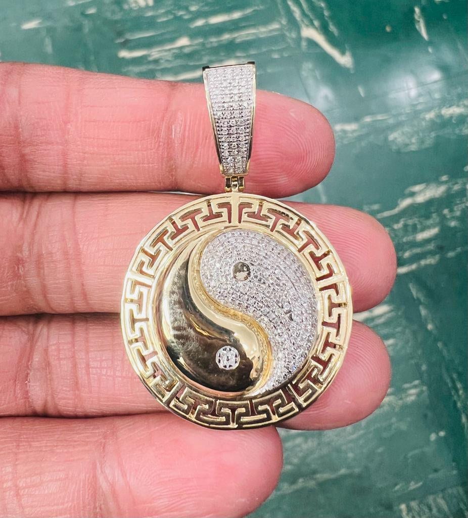 Diamond Yin Yang Pendant Men 10K Yellow Gold Yin Yang Symble Charm Pendant 0.49 Tcw, Diamond Yin Yang Medallion Charm Pendant Gift for Him