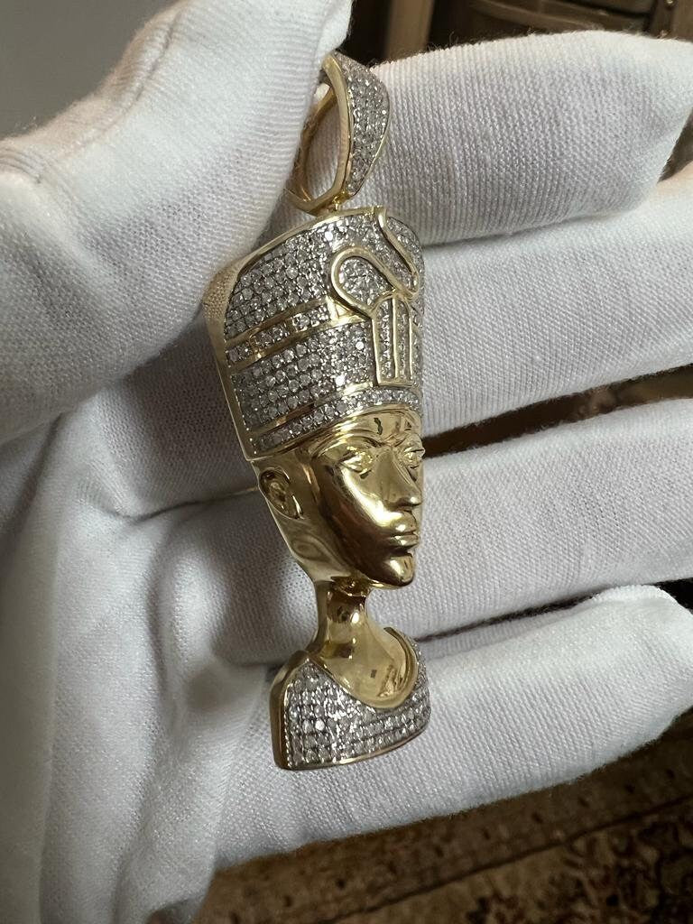 Real Genuine Authentic Diamond Egyptian Queen Nefertiti Charm Pendant, Round Cut Diamond in 10K Yellow Gold Charm Pendant - 1.32 CT Diamond