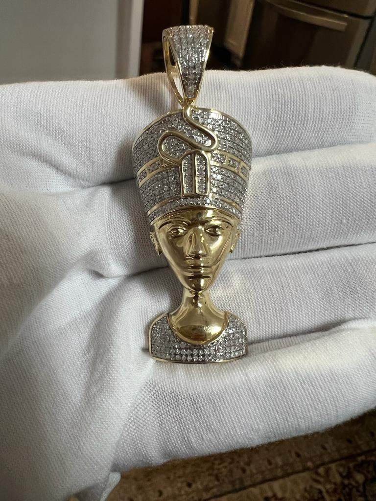 Real Genuine Authentic Diamond Egyptian Queen Nefertiti Charm Pendant, Round Cut Diamond in 10K Yellow Gold Charm Pendant - 1.32 CT Diamond