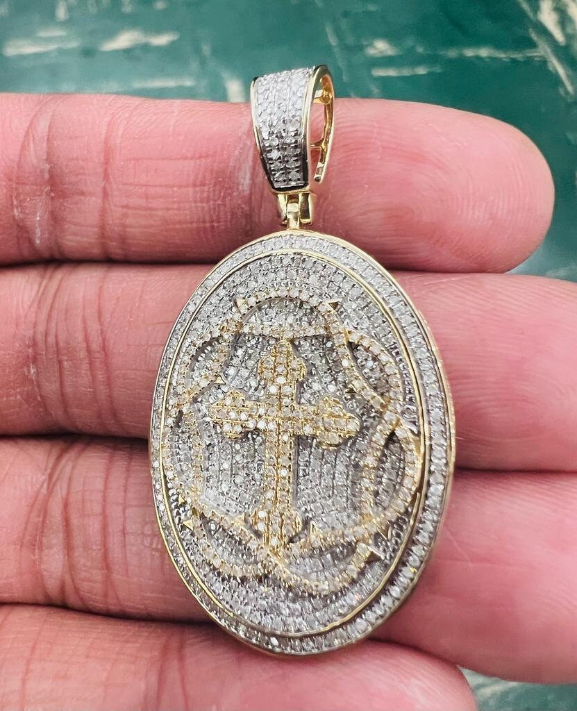 Men Medallion Cross Crucifix Jesus Christ Pendant, 10K Gold 0.86 CT Diamond Cross Religious Charm, Crucifix Cross Pendant, Gift for Him