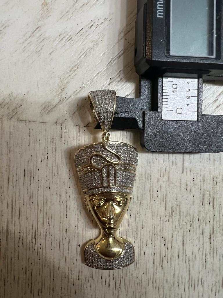 Real Genuine Authentic Diamond Egyptian Queen Nefertiti Charm Pendant, Round Cut Diamond in 10K Yellow Gold Charm Pendant - 1.32 CT Diamond