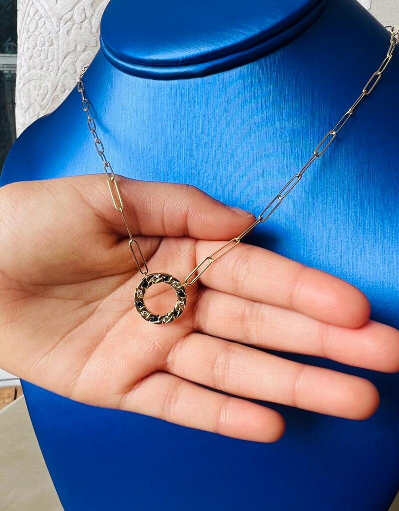0.35 ct Sapphire Diamond Circle of Life Pendant Necklace, 14k Gold Diamond PaperClip Link Adjustable Chain Necklace for Women | Pav Setting