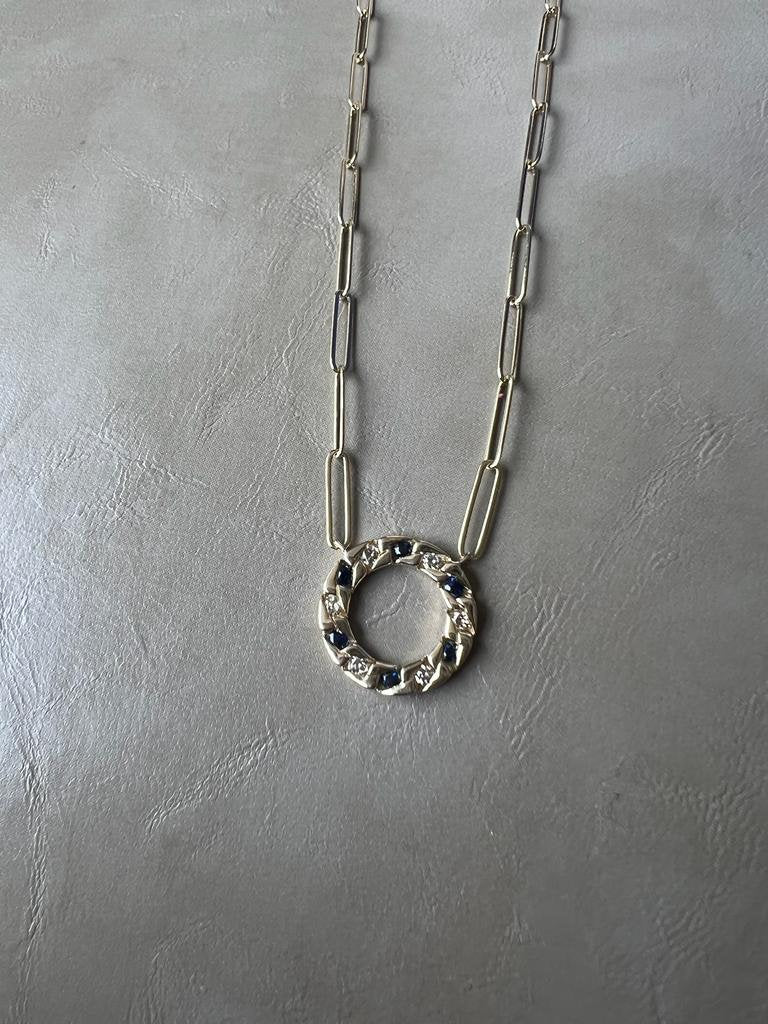 0.35 ct Sapphire Diamond Circle of Life Pendant Necklace, 14k Gold Diamond PaperClip Link Adjustable Chain Necklace for Women | Pav Setting