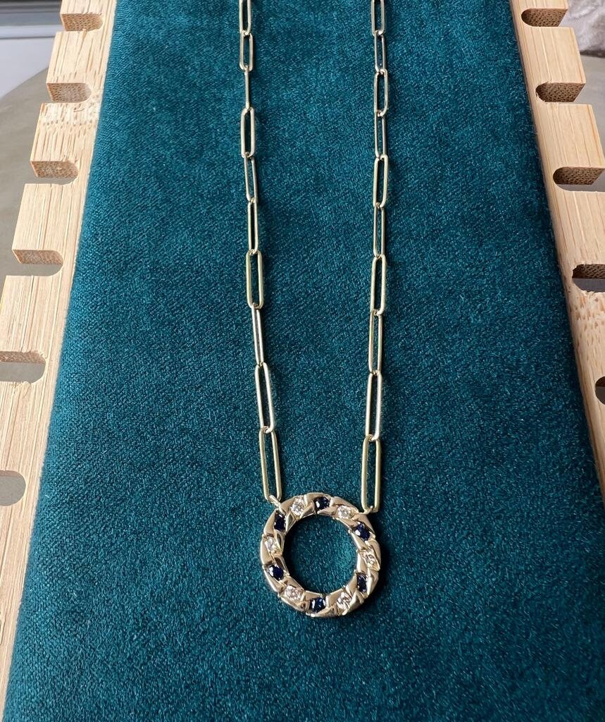 0.35 ct Sapphire Diamond Circle of Life Pendant Necklace, 14k Gold Diamond PaperClip Link Adjustable Chain Necklace for Women | Pav Setting