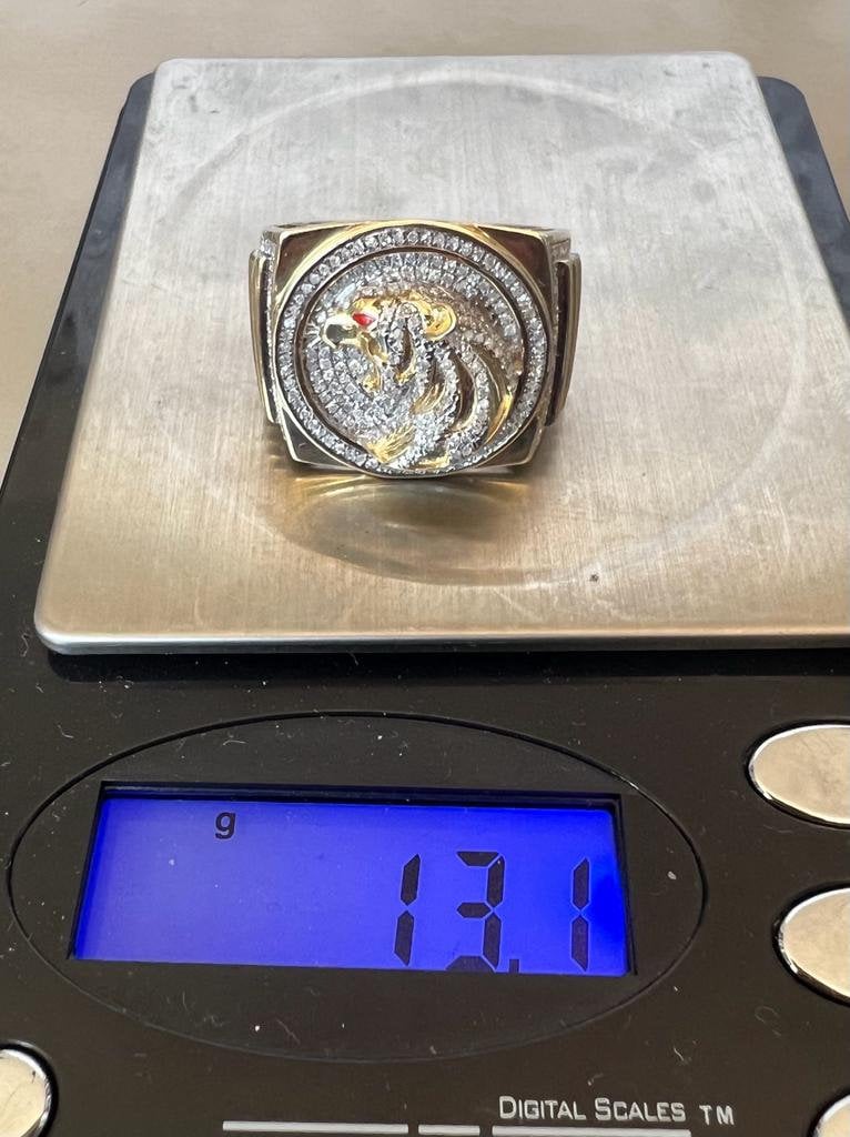 10k Yellow Gold Diamond Panther Mens Ring, Religious Faith Inspiration Diamond Ring Animal Tiger Leopard Jaguar 0.69 ct 13.1 Grams Size 10