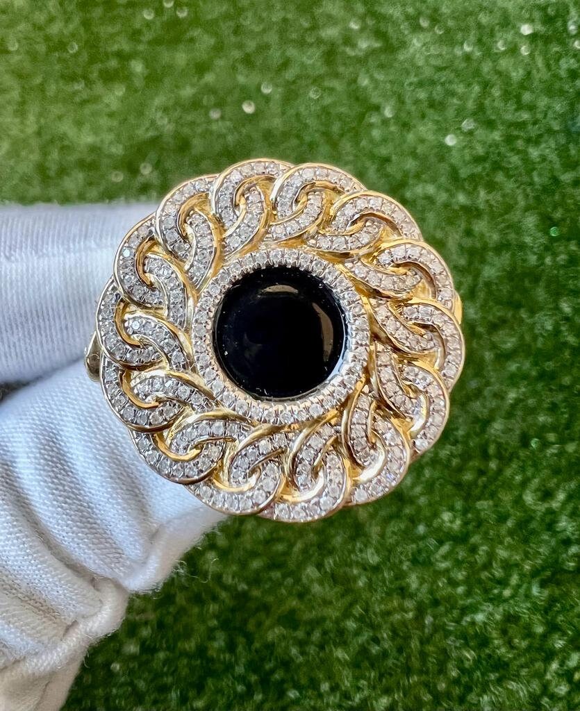 10K Mens Black Onyx & Diamond Finger Ring, Yellow Gold Pinky Men's Ring Band .60Ct 11.5 Grams, Size 10, Mens Diamond Link Ring Gift for Him