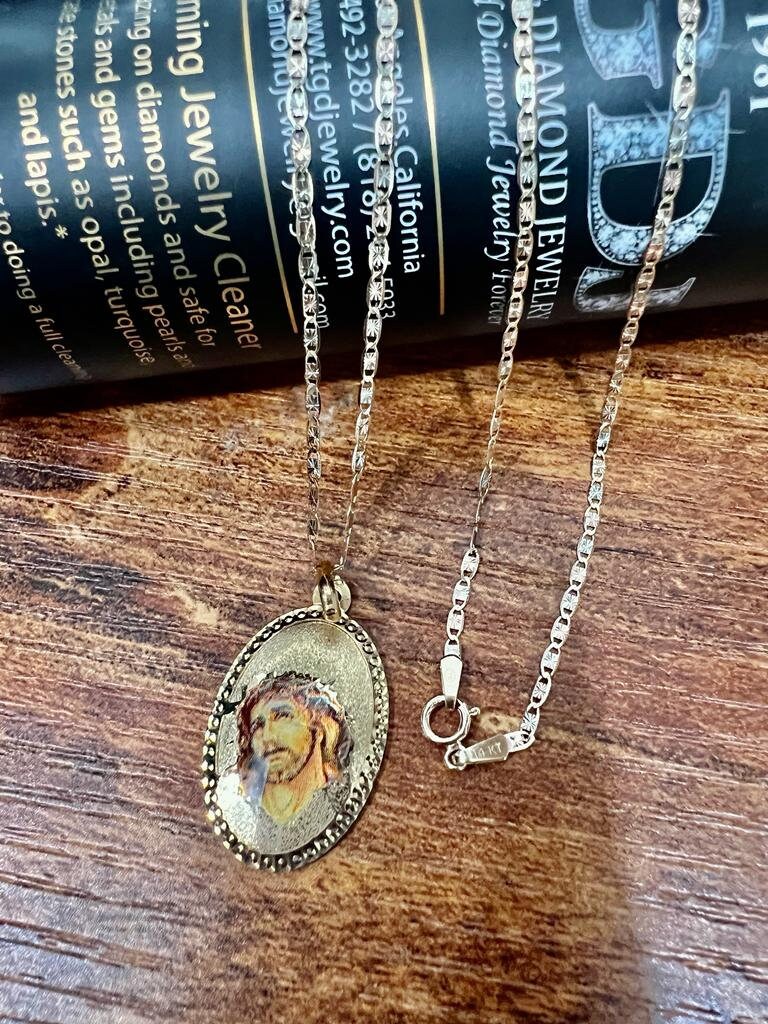 Jesus God Enamel Religious Catholic Oval Charm 14k Yellow Gold Pendant Valentino Diamond Cut Chain Necklace