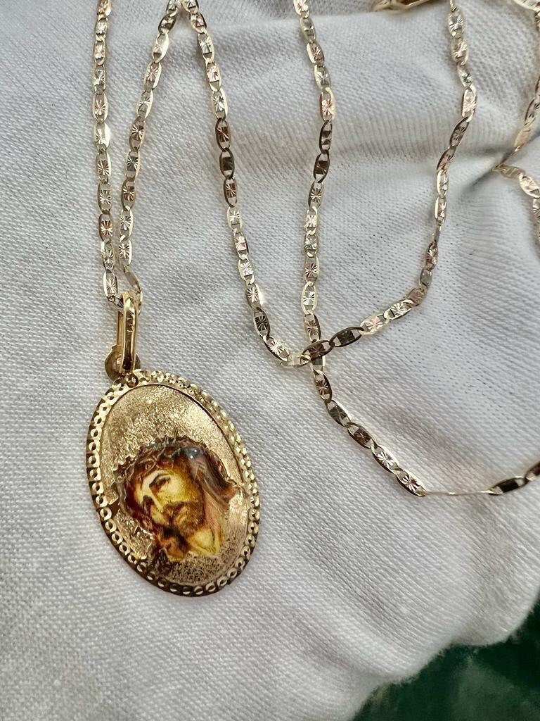Jesus God Enamel Religious Catholic Oval Charm 14k Yellow Gold Pendant Valentino Diamond Cut Chain Necklace