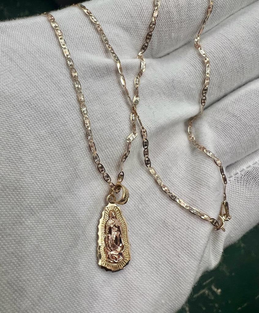 14k 2T Gold Our Lady of Guadalupe Charm Pendant With 14k yellow Gold Valentino Diamond Cut Chain Necklace, Religious Pendant, Gift for Him