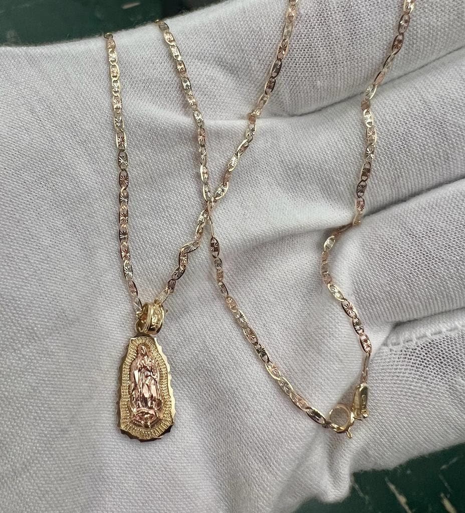 14k 2T Gold Our Lady of Guadalupe Charm Pendant With 14k yellow Gold Valentino Diamond Cut Chain Necklace, Religious Pendant, Gift for Him