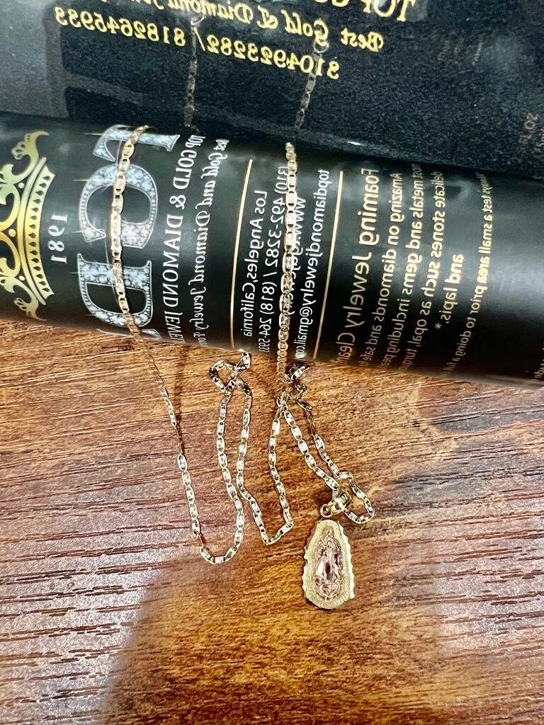 14k 2T Gold Our Lady of Guadalupe Charm Pendant With 14k yellow Gold Valentino Diamond Cut Chain Necklace, Religious Pendant, Gift for Him