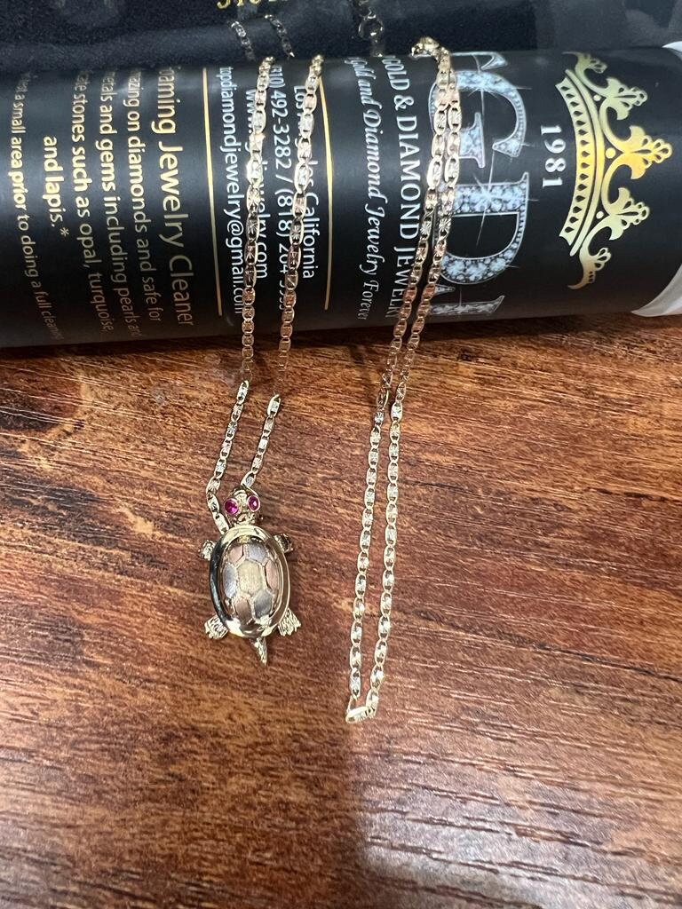 14k 3C Gold Turtle Pendant With 14k yellow Gold Valentino Diamond Cut Chain Necklace Solid Gold Turtle Charm Animal Necklace, Christmas Gift