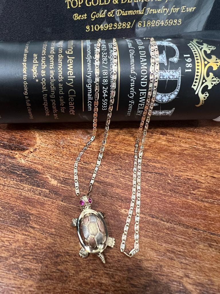 14k 3C Gold Turtle Pendant With 14k yellow Gold Valentino Diamond Cut Chain Necklace Solid Gold Turtle Charm Animal Necklace, Christmas Gift