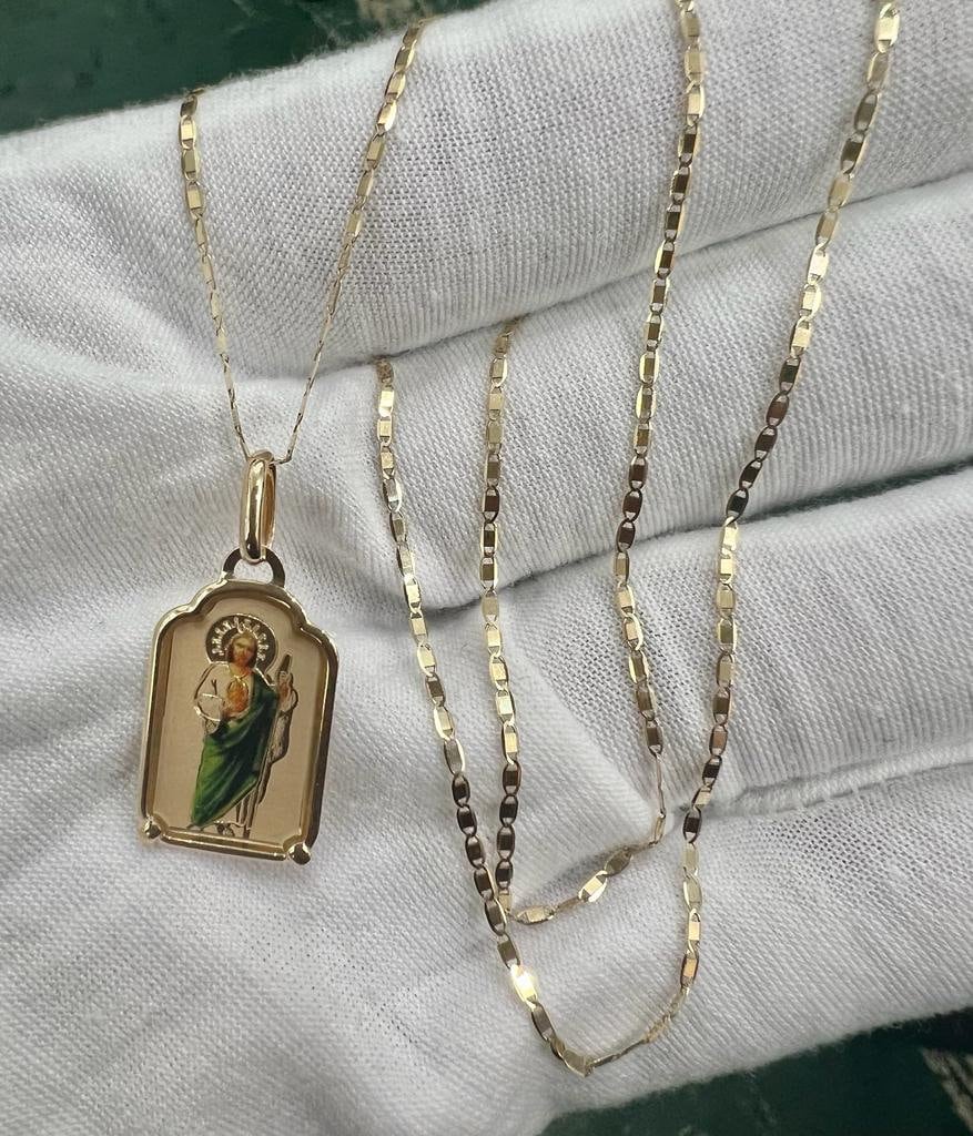 14k Gold St. Jude Enamel Religious Charm Pendant With 14k Yellow Gold Box Chain Necklace, Religious Pendant, Christmas Gift for Him