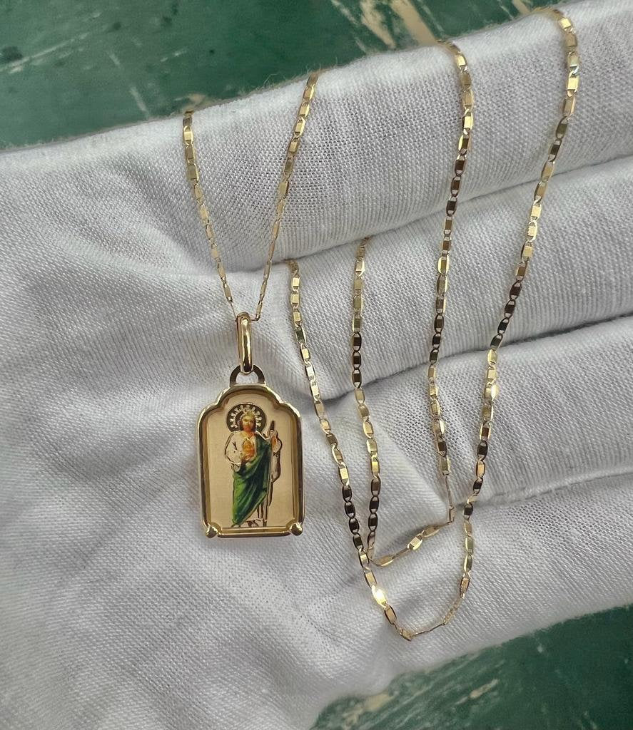 14k Gold St. Jude Enamel Religious Charm Pendant With 14k Yellow Gold Box Chain Necklace, Religious Pendant, Christmas Gift for Him