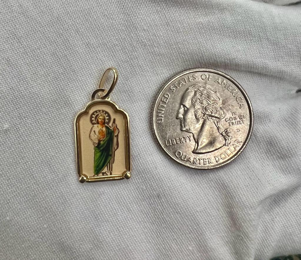 14k Gold St. Jude Enamel Religious Charm Pendant With 14k Yellow Gold Box Chain Necklace, Religious Pendant, Christmas Gift for Him