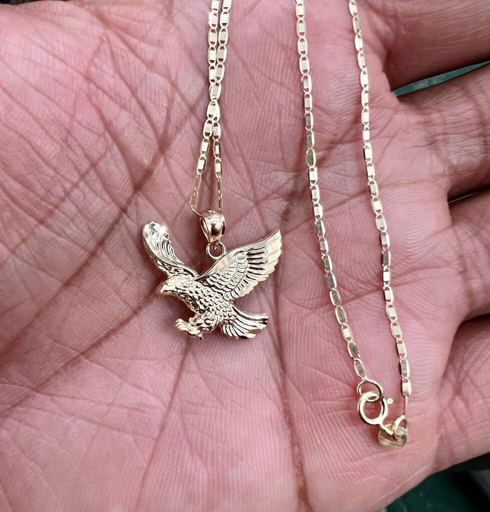 14k Gold Eagle Pendant With 14k Yellow Gold Valentino Chain Necklace for Men and Women. Perfect Gift for Him or Her, Christmas Gift for Him