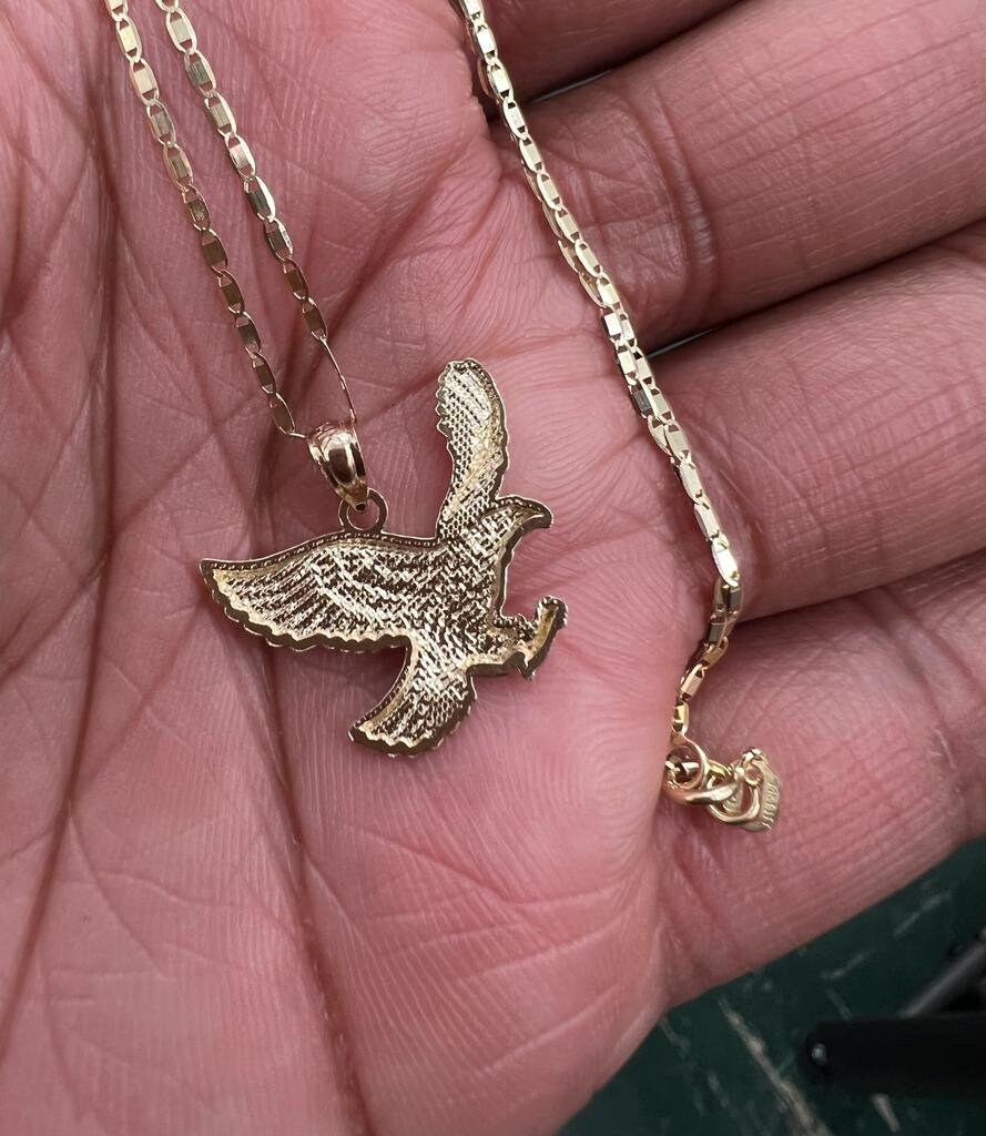 14k Gold Eagle Pendant With 14k Yellow Gold Valentino Chain Necklace for Men and Women. Perfect Gift for Him or Her, Christmas Gift for Him