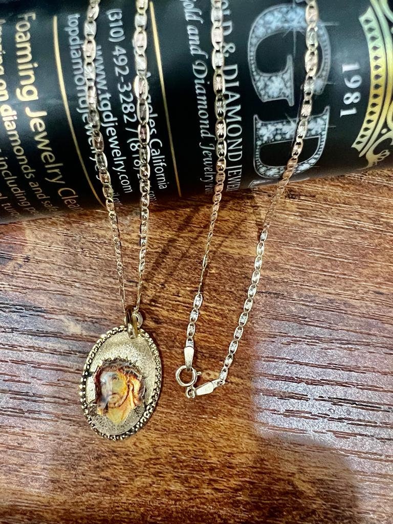 Jesus God Enamel Religious Catholic Oval Charm 14k Yellow Gold Pendant Valentino Diamond Cut Chain Necklace