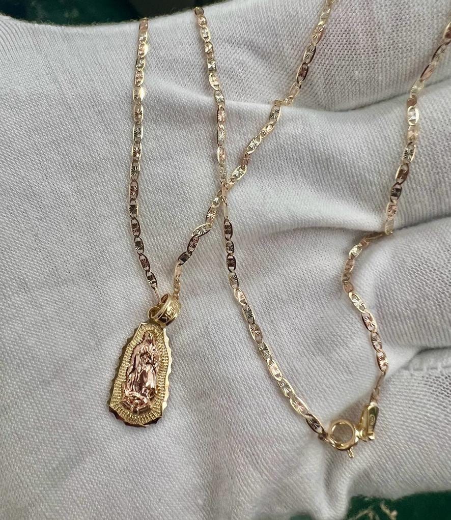14k 2T Gold Our Lady of Guadalupe Charm Pendant With 14k yellow Gold Valentino Diamond Cut Chain Necklace, Religious Pendant, Gift for Him