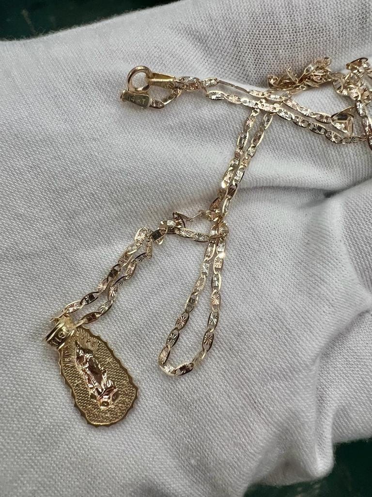 14k 2T Gold Our Lady of Guadalupe Charm Pendant With 14k yellow Gold Valentino Diamond Cut Chain Necklace, Religious Pendant, Gift for Him