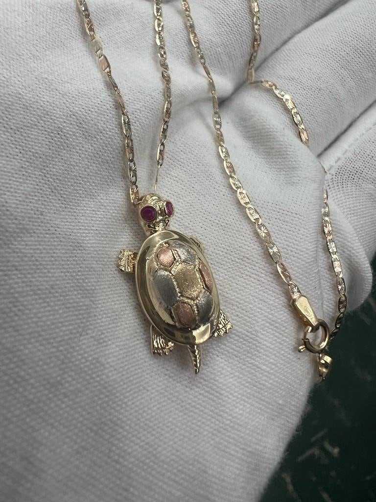 14k 3C Gold Turtle Pendant With 14k yellow Gold Valentino Diamond Cut Chain Necklace Solid Gold Turtle Charm Animal Necklace, Christmas Gift