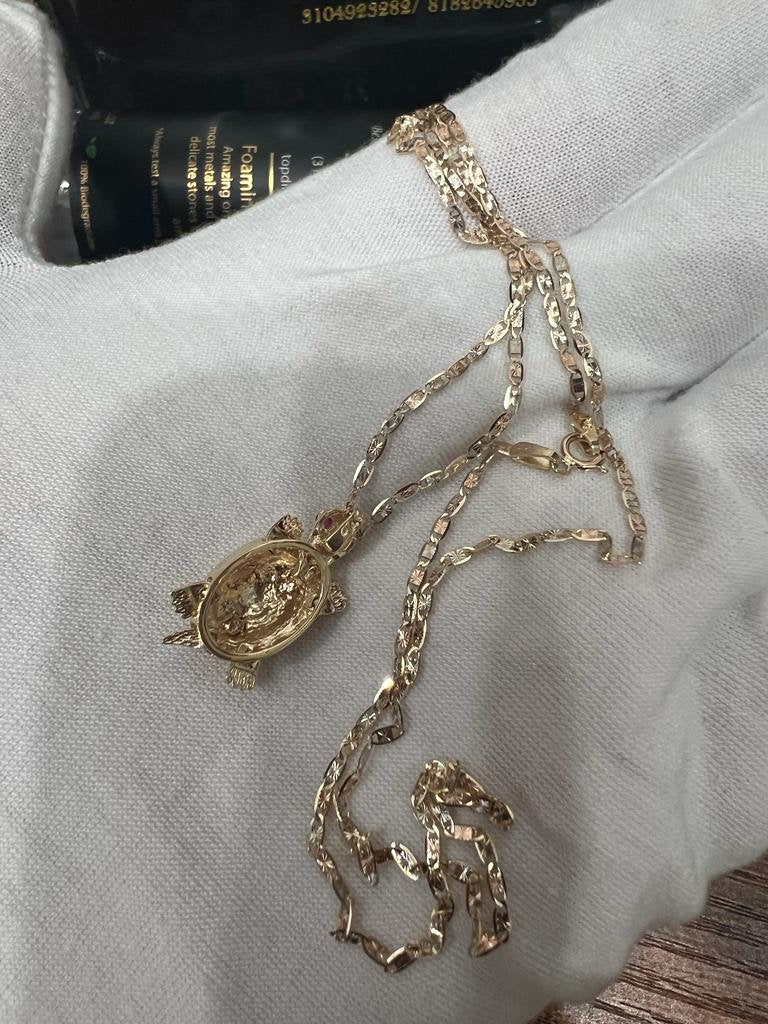 14k 3C Gold Turtle Pendant With 14k yellow Gold Valentino Diamond Cut Chain Necklace Solid Gold Turtle Charm Animal Necklace, Christmas Gift