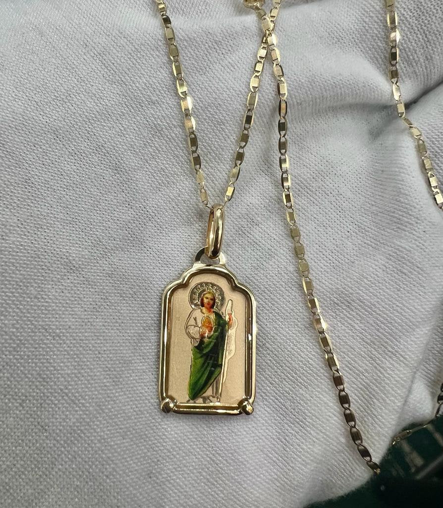 14k Gold St. Jude Enamel Religious Charm Pendant With 14k Yellow Gold Box Chain Necklace, Religious Pendant, Christmas Gift for Him