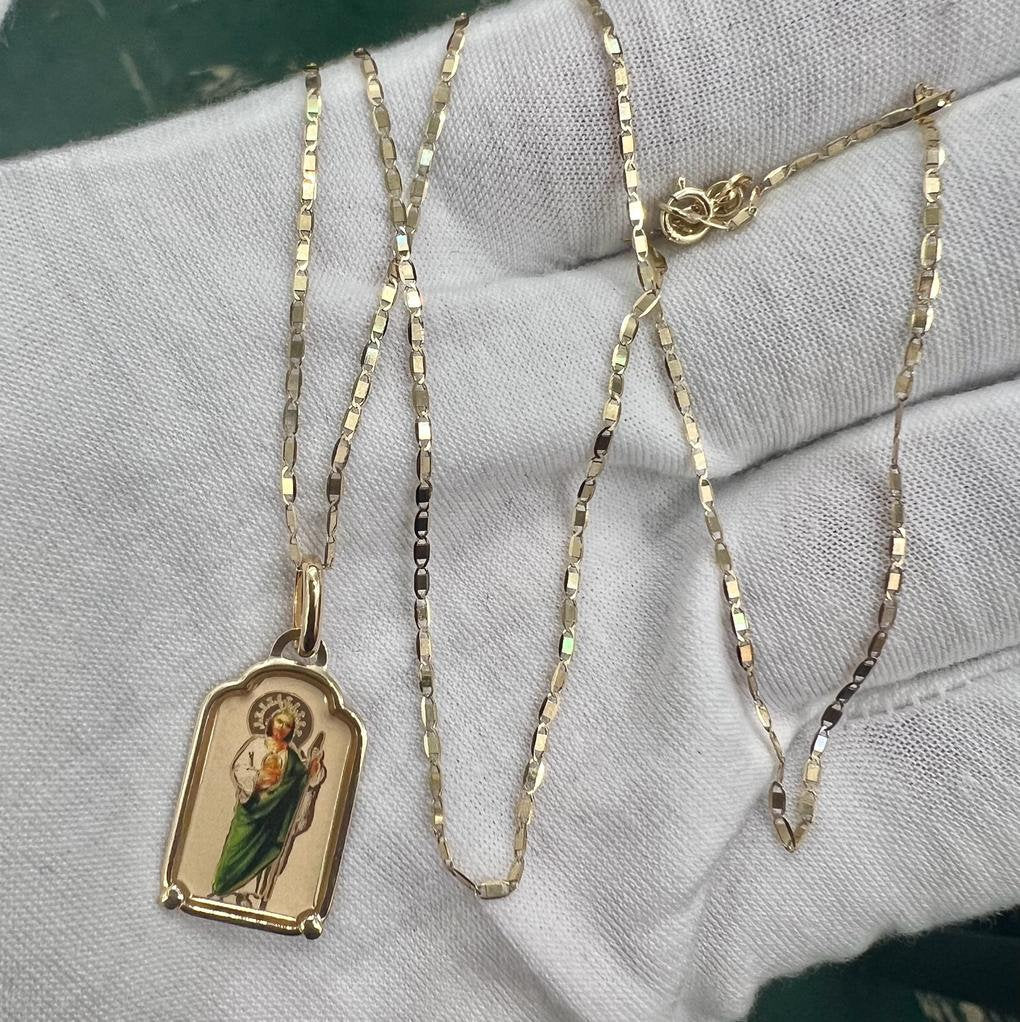 14k Gold St. Jude Enamel Religious Charm Pendant With 14k Yellow Gold Box Chain Necklace, Religious Pendant, Christmas Gift for Him