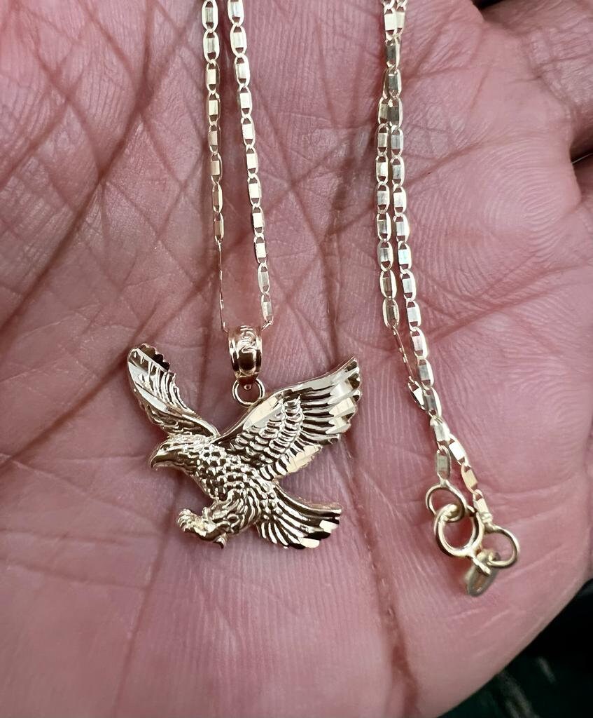 14k Gold Eagle Pendant With 14k Yellow Gold Valentino Chain Necklace for Men and Women. Perfect Gift for Him or Her, Christmas Gift for Him
